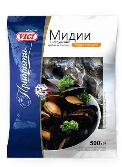 Мидии Вичи 500г в ракушках в чесночном соусе