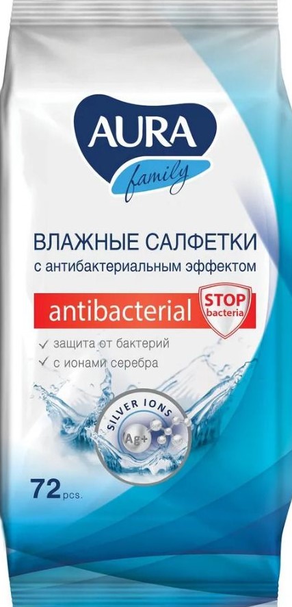 Салфетки влажные Аура 72шт антибактериальные