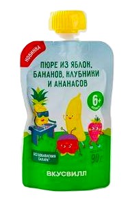 Пюре ВкусВилл 90г м/у яблоко/банан/клубника/ананас